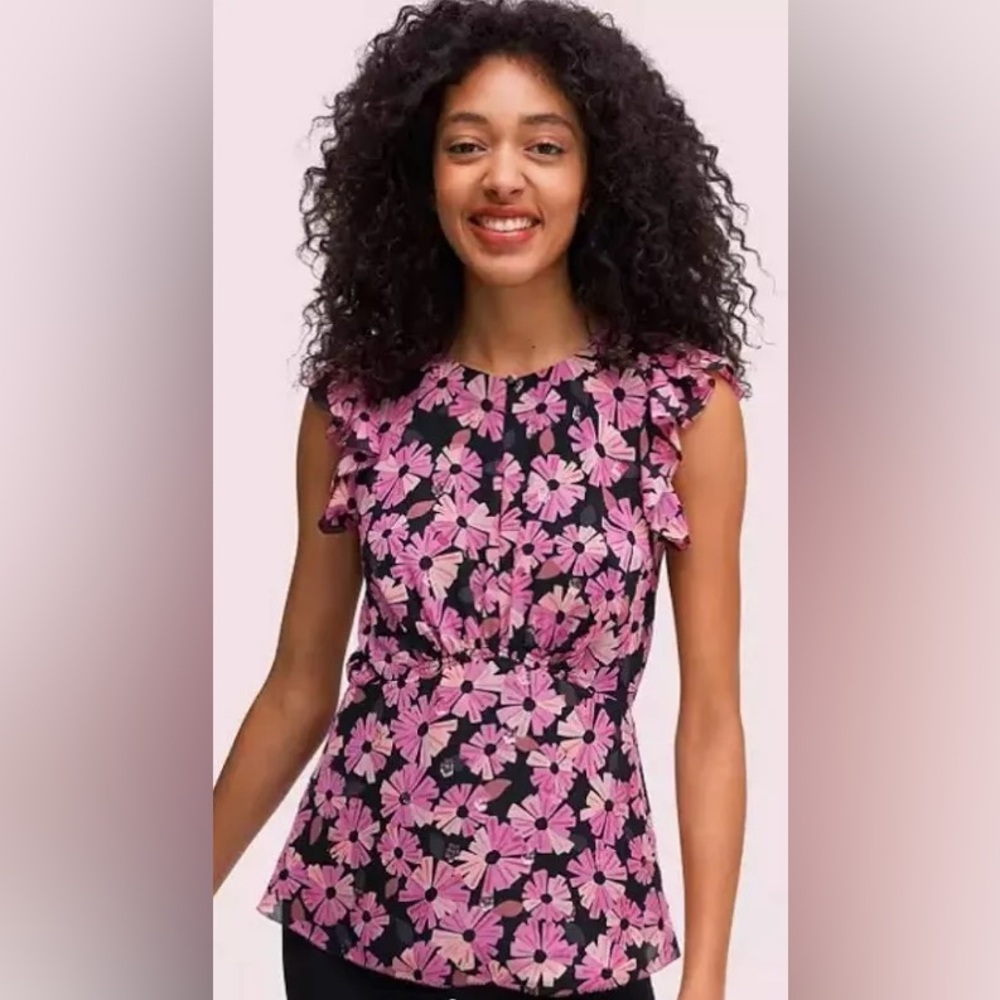 NWOT kate spade Black Top with Pink Floral Print 98% Silk